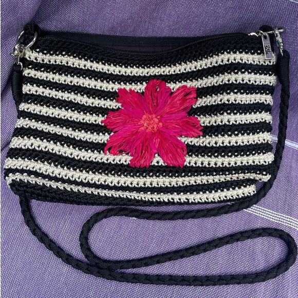 The Sak Crochet Crossbody Bag Ivory Black Striped Pink Floral Embroidered Boho - Picture 1 of 8
